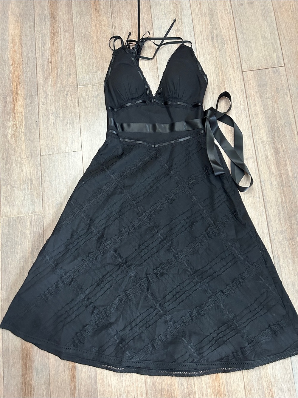 VTG Y2K Lydia Procanik Cotton Ribbon Lace Slip Dress with Satin Waist Tie sz 2